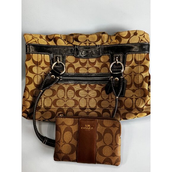 Coach Signature C Tote Bag Khaki Brown Black Leather Trim With Wristlet F14686 - Picture 3 of 8